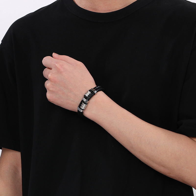 Mehrlagiges Ledergeflecht-Armband aus Edelstahl – Retro-Punk-Design mit Magnetverschluss