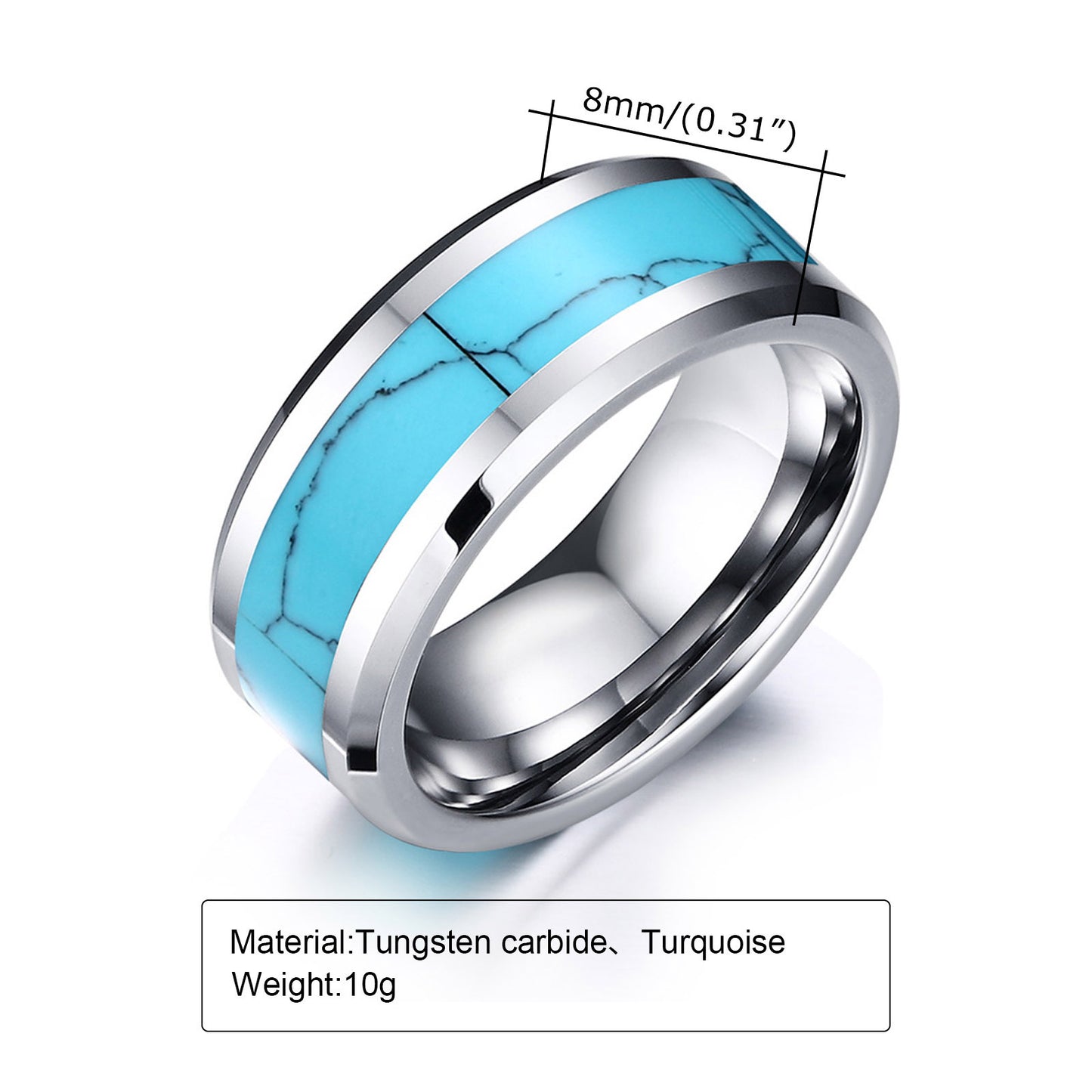 Herrenring aus Wolframcarbid mit abgeschrägten Kanten & Türkiseinlage – 8 mm, gravurfähig