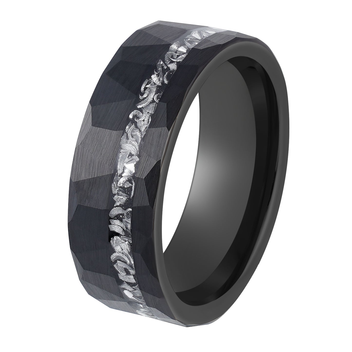Maskuliner Wolframring mit Meteorit und Hammerschlag-Design – 8 mm Breite