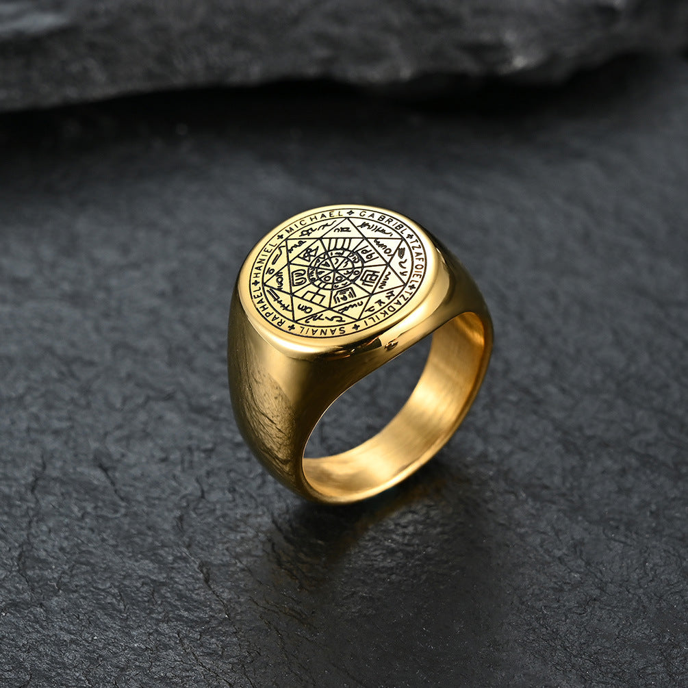 Mystischer Siebenstern-Ring - Titanstahl Herrenring mit esoterischem Design