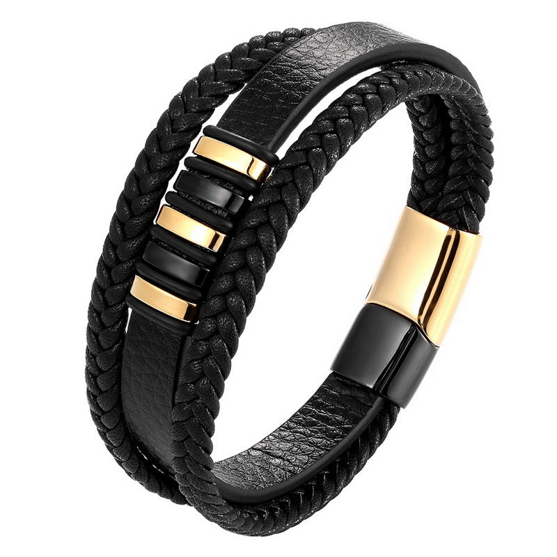 Mehrreihiges Lederarmband mit Edelstahl - Handgefertigter Herrenschmuck - Rustikales Unisex-Design
