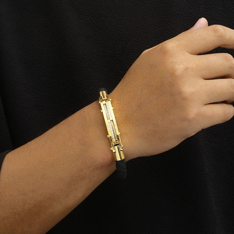 Herren Armband mit Stahldraht-Einlage – Geflochtenes Edelstahl-Lederband