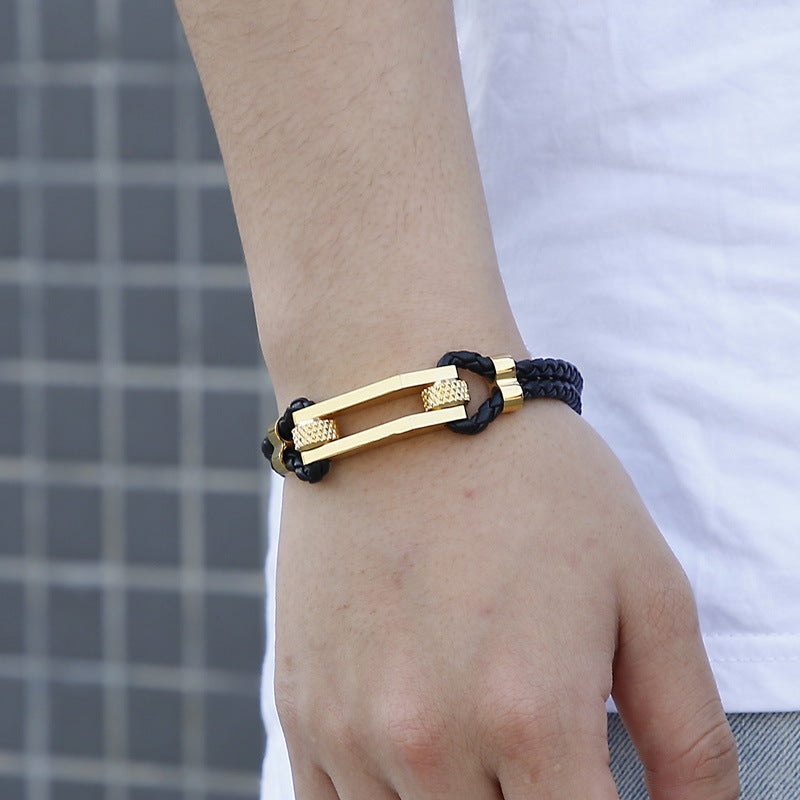 Edelstahl-Armband mit doppeltem Ledergeflecht – Titanstahl-Akzente für urbanen Style