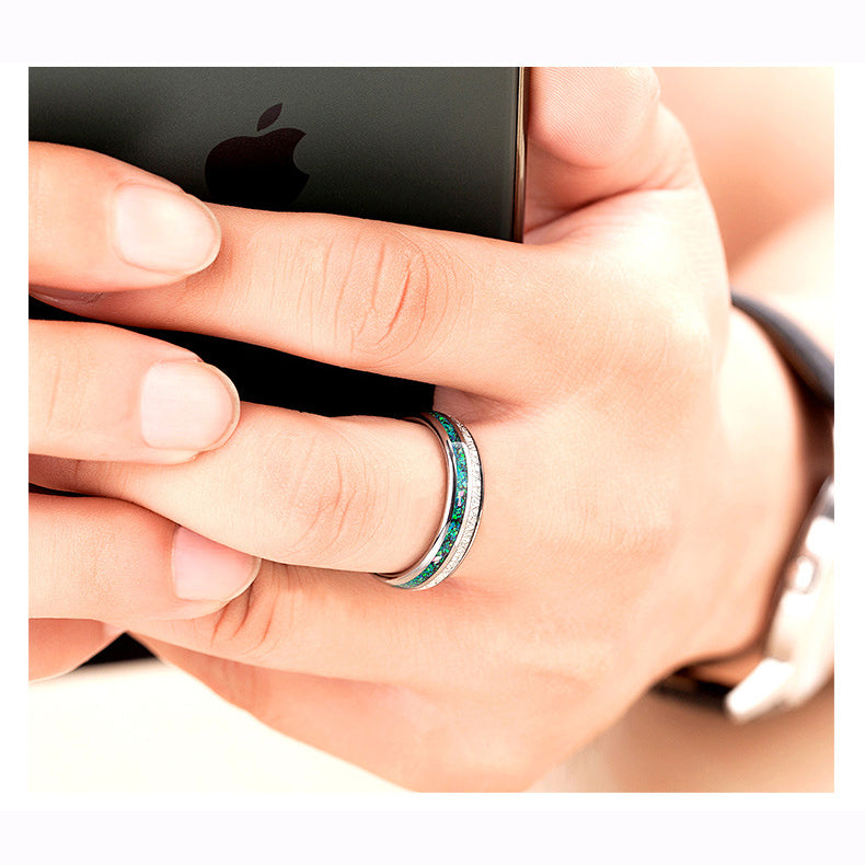 Wolframcarbid-Ring mit Sternenstaub-Silberfolie & Opaleinlage – 6 mm, unisex, gravurfähig