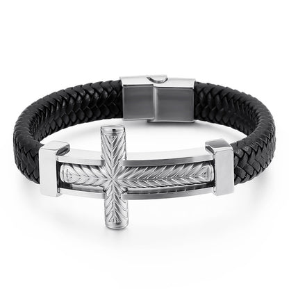 Herren Armband aus geflochtenem Leder mit Edelstahl-Kreuz – Robustes Männer-Armband