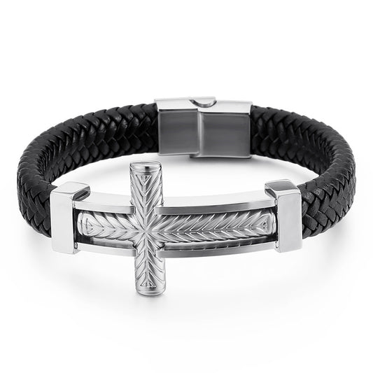 Herren Armband aus geflochtenem Leder mit Edelstahl-Kreuz – Robustes Männer-Armband