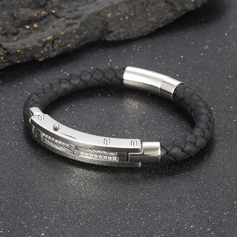 Herren Armband mit Stahldraht-Einlage – Geflochtenes Edelstahl-Lederband