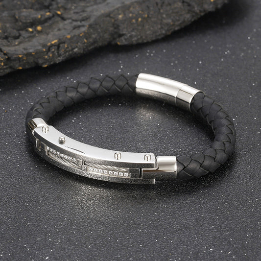 Herren Armband mit Stahldraht-Einlage – Geflochtenes Edelstahl-Lederband