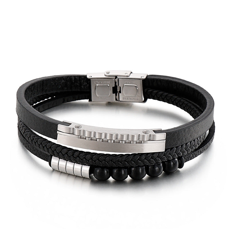 Mehrlagiges geflochtenes Lederarmband mit Edelstahl & geometrischen Perlen – Handgefertigter Unikatschmuck
