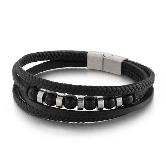 Mehrlagiges schwarzes Lederarmband mit Edelstahl-Akzenten – Handgeflochtener Unikatschmuck