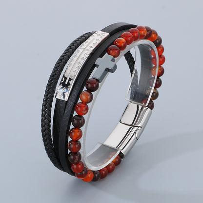 Vintage Lederarmband für Herren mit Titanstahl-Kreuz & Achatperlen – Mehrlagig geflochten