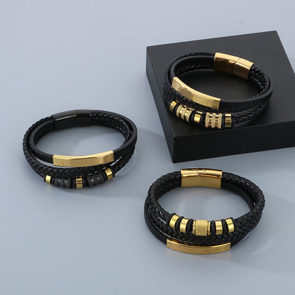 Herren-Armband aus Titanstahl - Mehrlagiges Ledergeflecht mit gebogenem Edelstahlblech und Magnetverschluss
