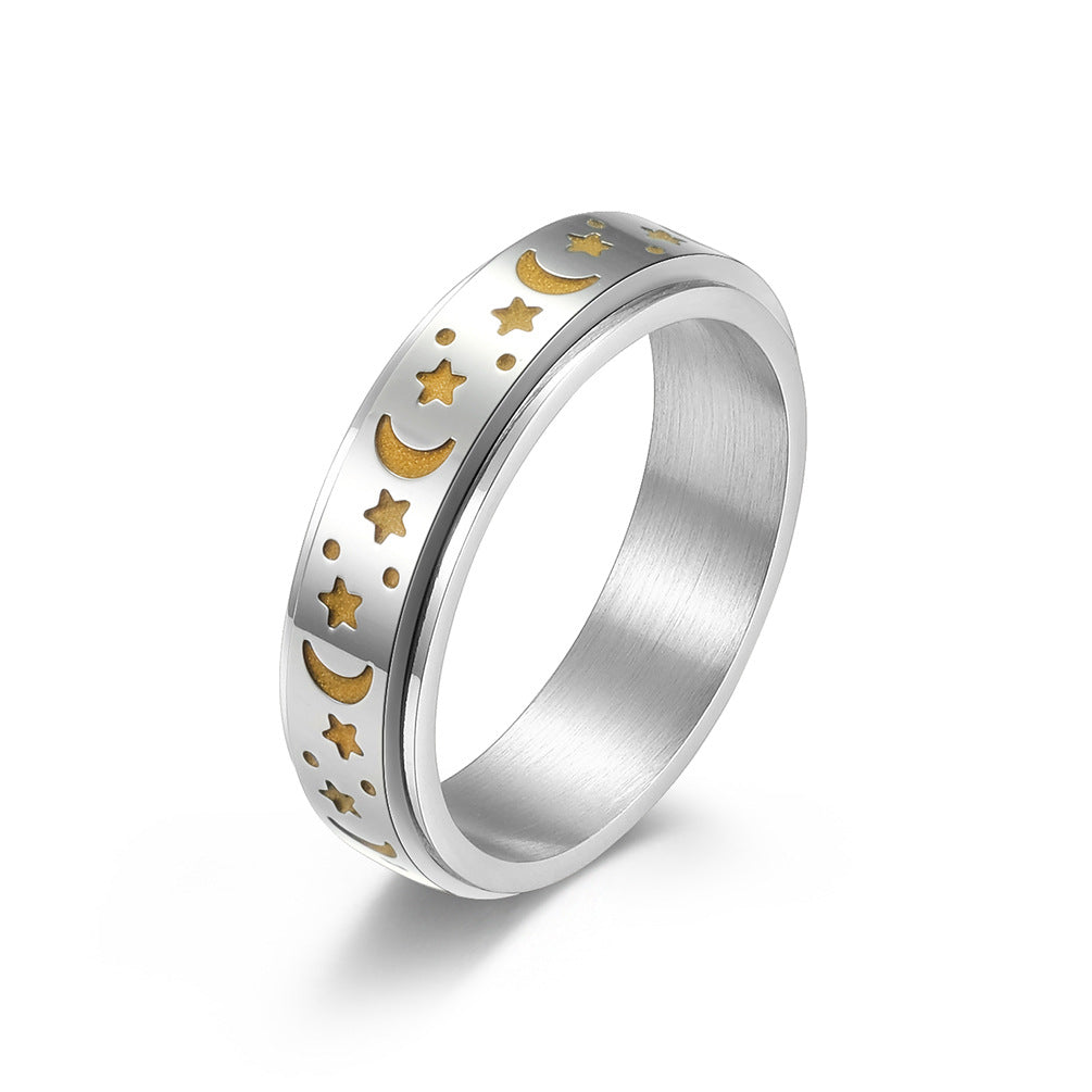 Stern-Mond Titanring mit Nachleuchteffekt | Drehbarer Anti-Stress-Ring - 316L Edelstahl für Damen & Herren