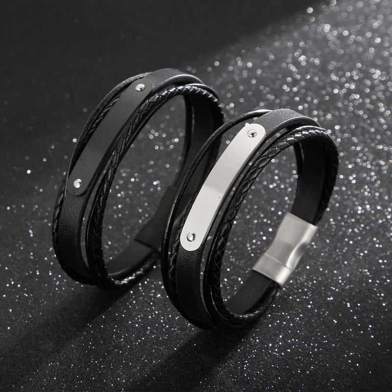 Mehrlagiges Lederarmband mit Edelstahl & Magnetplatte – Handgeflochtener Unikatschmuck