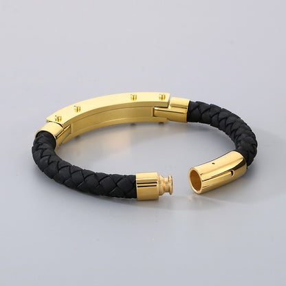 Modisches Herren-Armband aus Edelstahl & geflochtenem Leder - Mit Fiber- oder Stahldraht-Einlagen