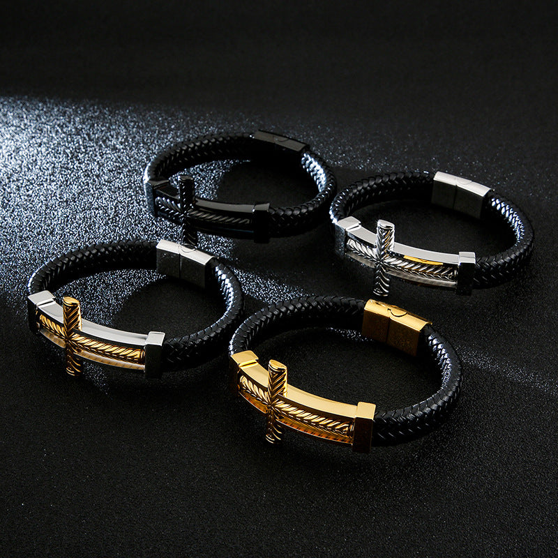 Herren Armband aus geflochtenem Leder mit Edelstahl-Kreuz – Robustes Männer-Armband