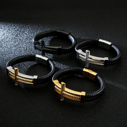 Herren Armband aus geflochtenem Leder mit Edelstahl-Kreuz – Robustes Männer-Armband