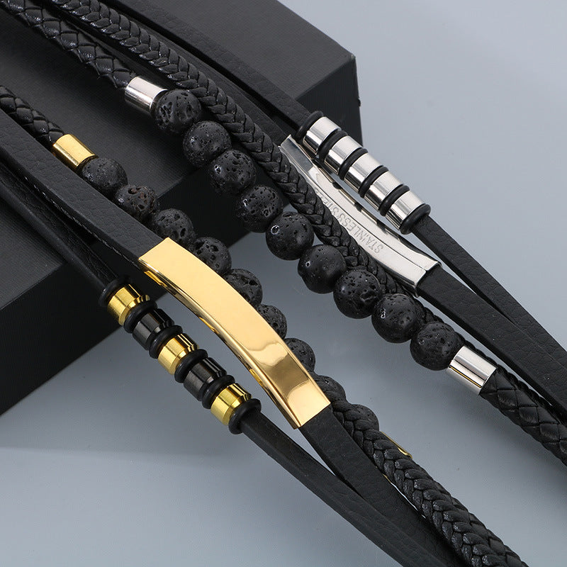 Vintage Lederarmband für Herren mit Vulkanstein & Magnetplatte – Mehrlagige Mikrofaser-Flechtung