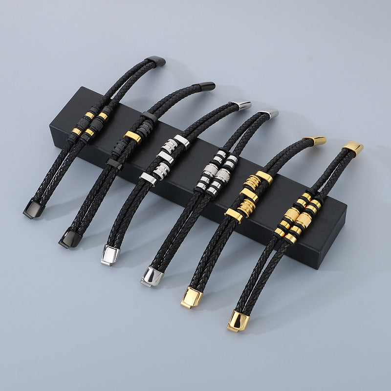 Mehrlagiges Ledergeflecht-Armband aus Edelstahl – Retro-Punk-Design mit Magnetverschluss