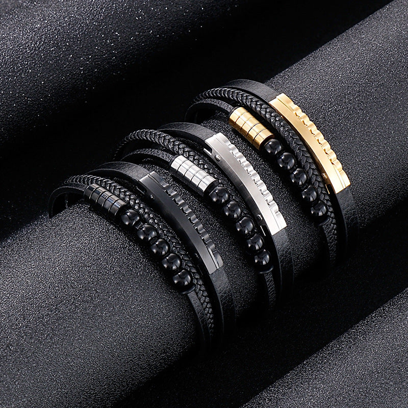 Mehrlagiges geflochtenes Lederarmband mit Edelstahl & geometrischen Perlen – Handgefertigter Unikatschmuck