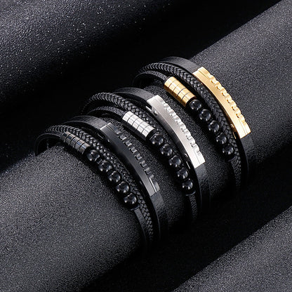 Mehrlagiges geflochtenes Lederarmband mit Edelstahl & geometrischen Perlen – Handgefertigter Unikatschmuck