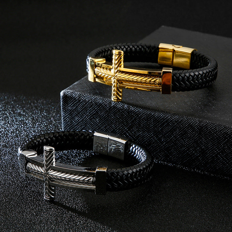 Herren Armband aus geflochtenem Leder mit Edelstahl-Kreuz – Robustes Männer-Armband