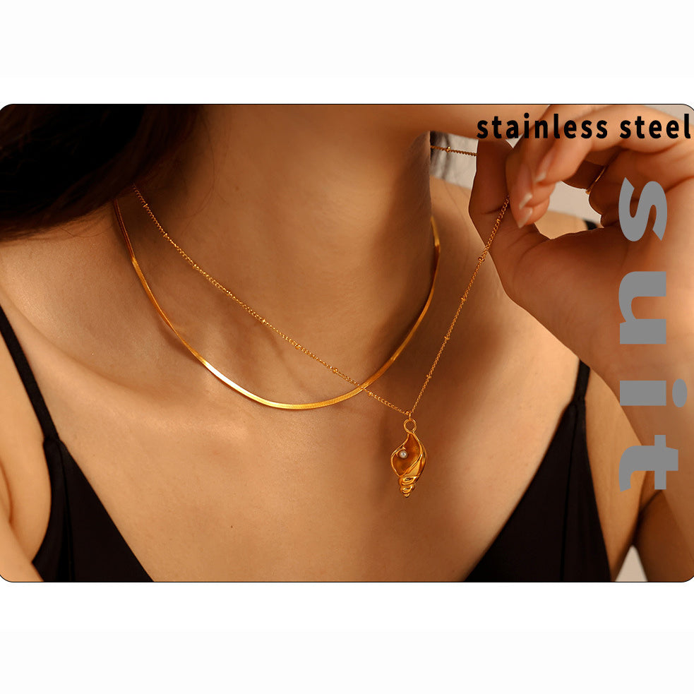 Schneckenhaus-Anhängerkette mit Kunstperle | Stapelbares Edelstahl-Set - 18k Gold oder Hochglanz-Silberoptik