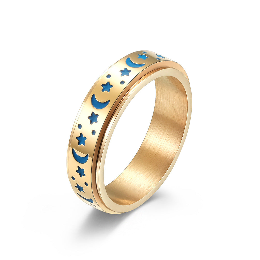 Stern-Mond Titanring mit Nachleuchteffekt | Drehbarer Anti-Stress-Ring - 316L Edelstahl für Damen & Herren