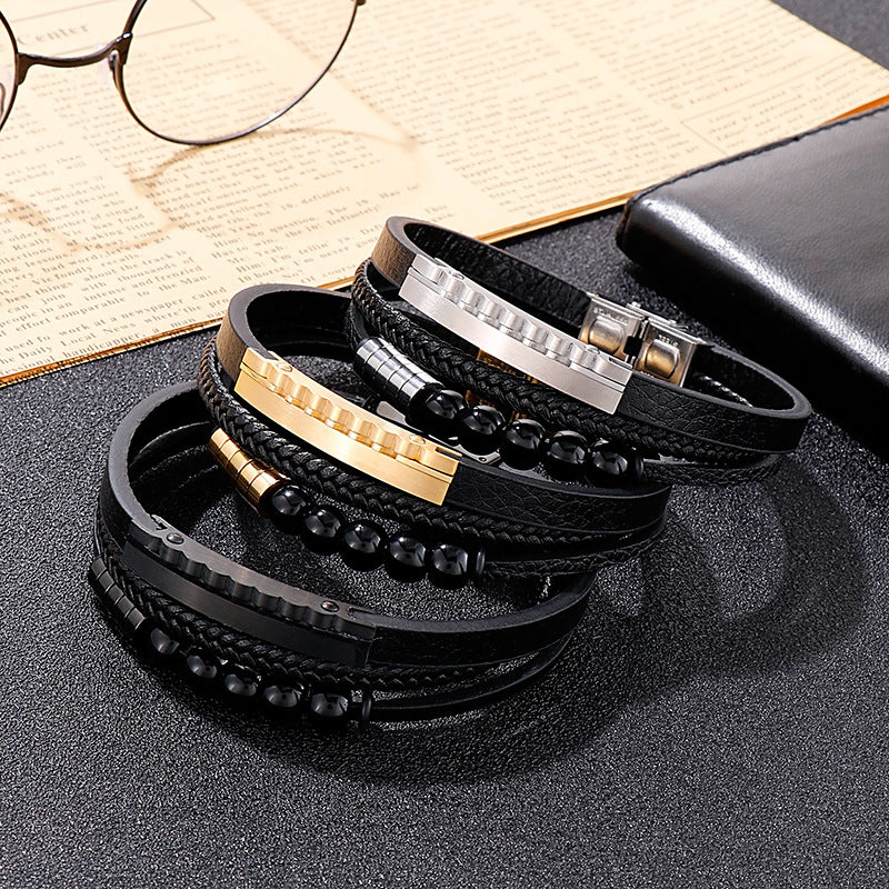 Mehrlagiges geflochtenes Lederarmband mit Edelstahl & geometrischen Perlen – Handgefertigter Unikatschmuck