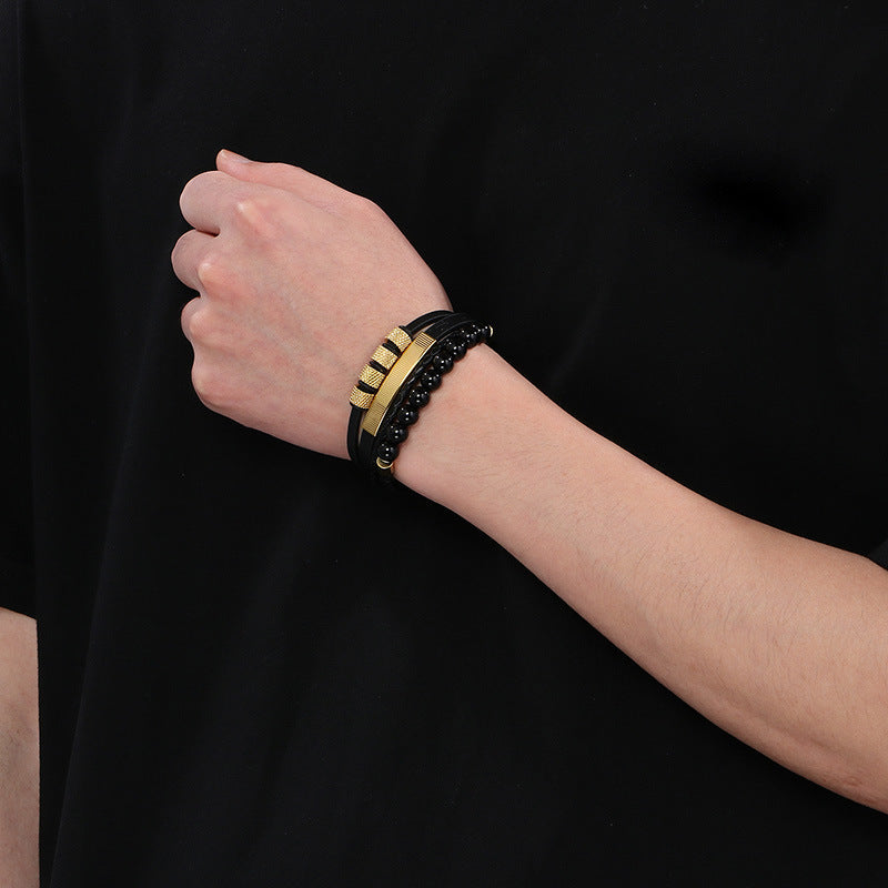 Vintage Lederarmband für Herren mit Vulkanstein & Magnetplatte – Mehrlagige Mikrofaser-Flechtung