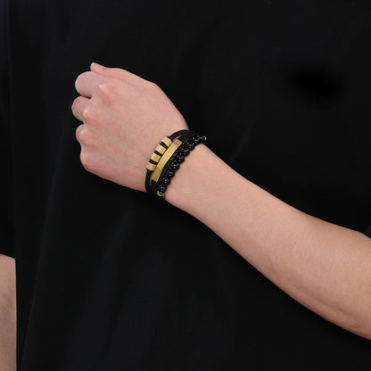 Vintage Lederarmband für Herren mit Vulkanstein & Magnetplatte – Mehrlagige Mikrofaser-Flechtung
