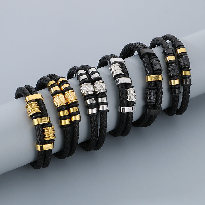Mehrlagiges Ledergeflecht-Armband aus Edelstahl – Retro-Punk-Design mit Magnetverschluss