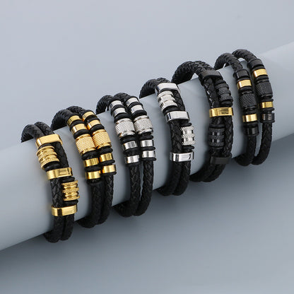Mehrlagiges Ledergeflecht-Armband aus Edelstahl – Retro-Punk-Design mit Magnetverschluss