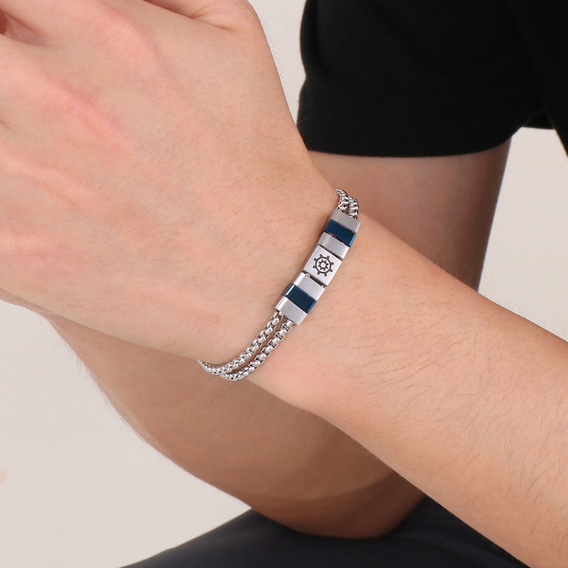 Edelstahl-Armband für Männer mit maritimen Motiven - Anker, Steuerrad, Lebensbaum und Sterne in 2-lagigem Design
