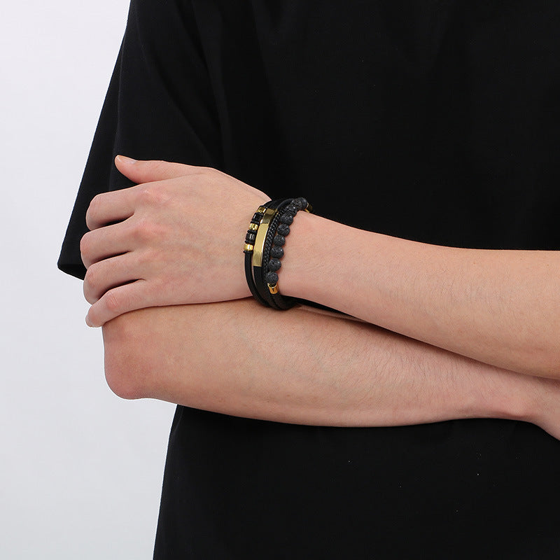 Vintage Lederarmband für Herren mit Vulkanstein & Magnetplatte – Mehrlagige Mikrofaser-Flechtung