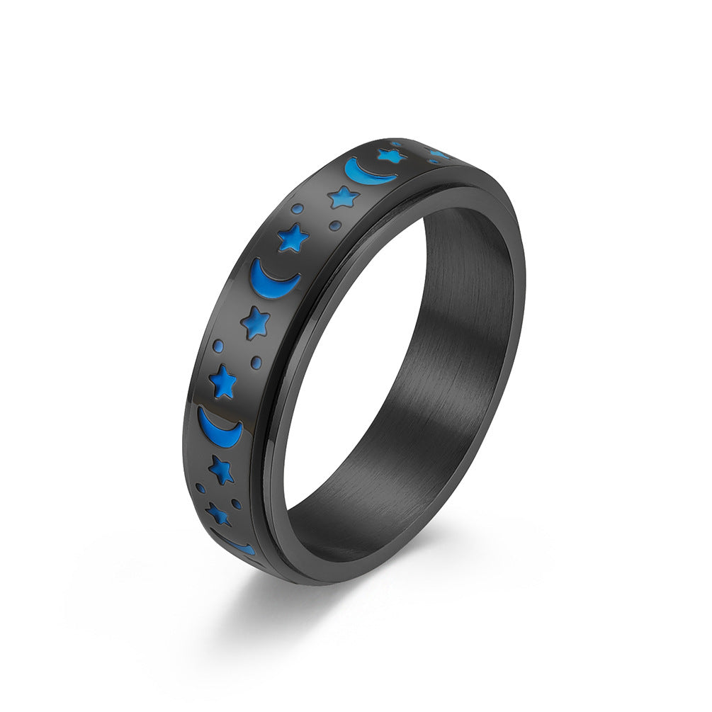 Stern-Mond Titanring mit Nachleuchteffekt | Drehbarer Anti-Stress-Ring - 316L Edelstahl für Damen & Herren