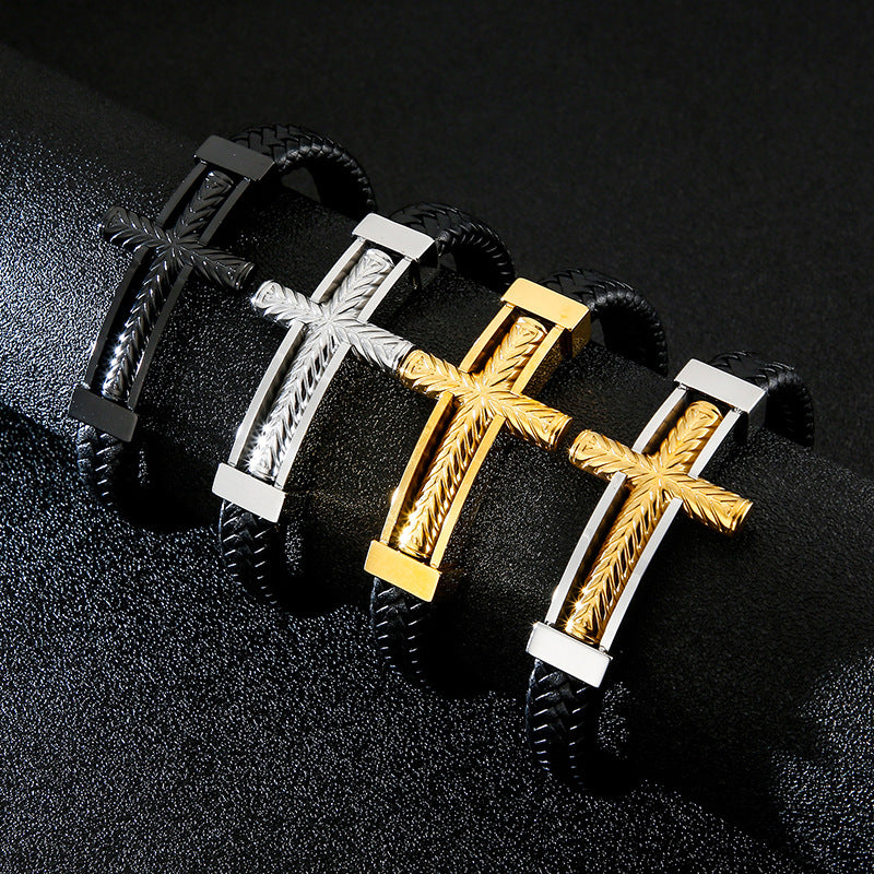Herren Armband aus geflochtenem Leder mit Edelstahl-Kreuz – Robustes Männer-Armband