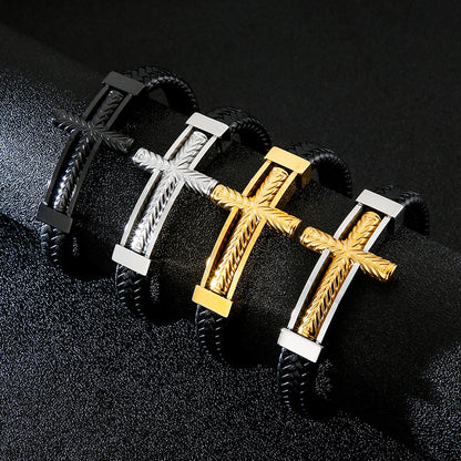 Herren Armband aus geflochtenem Leder mit Edelstahl-Kreuz – Robustes Männer-Armband