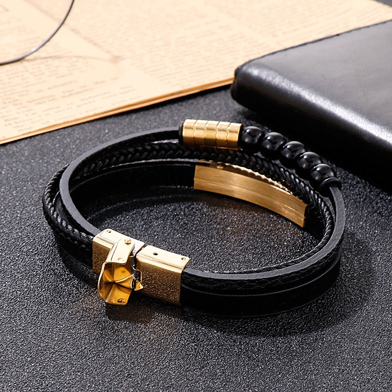 Mehrlagiges geflochtenes Lederarmband mit Edelstahl & geometrischen Perlen – Handgefertigter Unikatschmuck