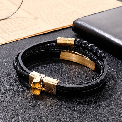 Mehrlagiges geflochtenes Lederarmband mit Edelstahl & geometrischen Perlen – Handgefertigter Unikatschmuck