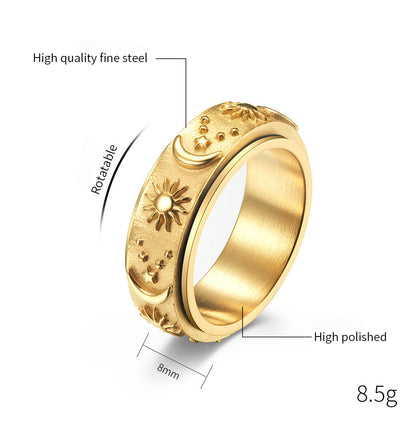 Stern-Mond-Sonne Titanring | Drehbarer Anti-Stress-Ring - 316L Edelstahl mit Himmelsmotiv