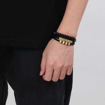 Vintage Lederarmband für Herren mit Vulkanstein & Magnetplatte – Mehrlagige Mikrofaser-Flechtung