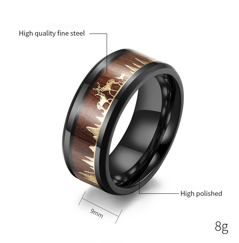 Wildhirsch Titanstahl Ring mit Holzoptik - Naturinspirierter Männerschmuck - Waldmotiv Ehering - Rustikaler Holz & Metall Ring