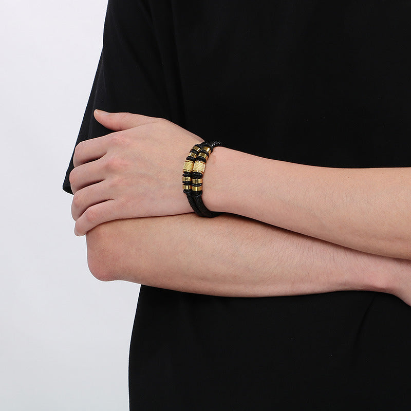 Mehrlagiges Ledergeflecht-Armband aus Edelstahl – Retro-Punk-Design mit Magnetverschluss
