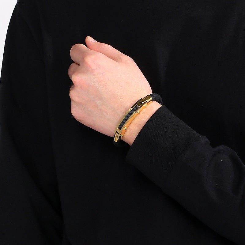 Modisches Herren-Armband aus Edelstahl & geflochtenem Leder - Mit Fiber- oder Stahldraht-Einlagen