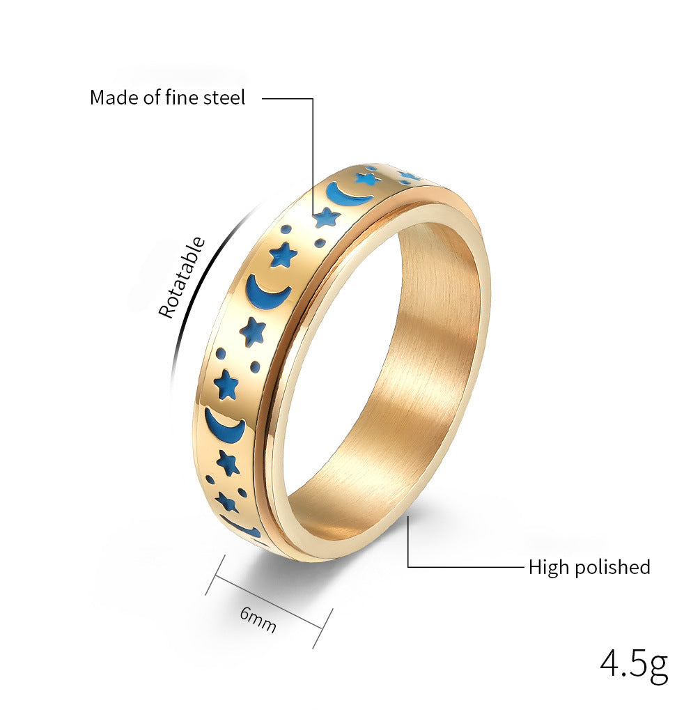 Stern-Mond Titanring mit Nachleuchteffekt | Drehbarer Anti-Stress-Ring - 316L Edelstahl für Damen & Herren