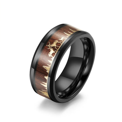 Wildhirsch Titanstahl Ring mit Holzoptik - Naturinspirierter Männerschmuck - Waldmotiv Ehering - Rustikaler Holz & Metall Ring