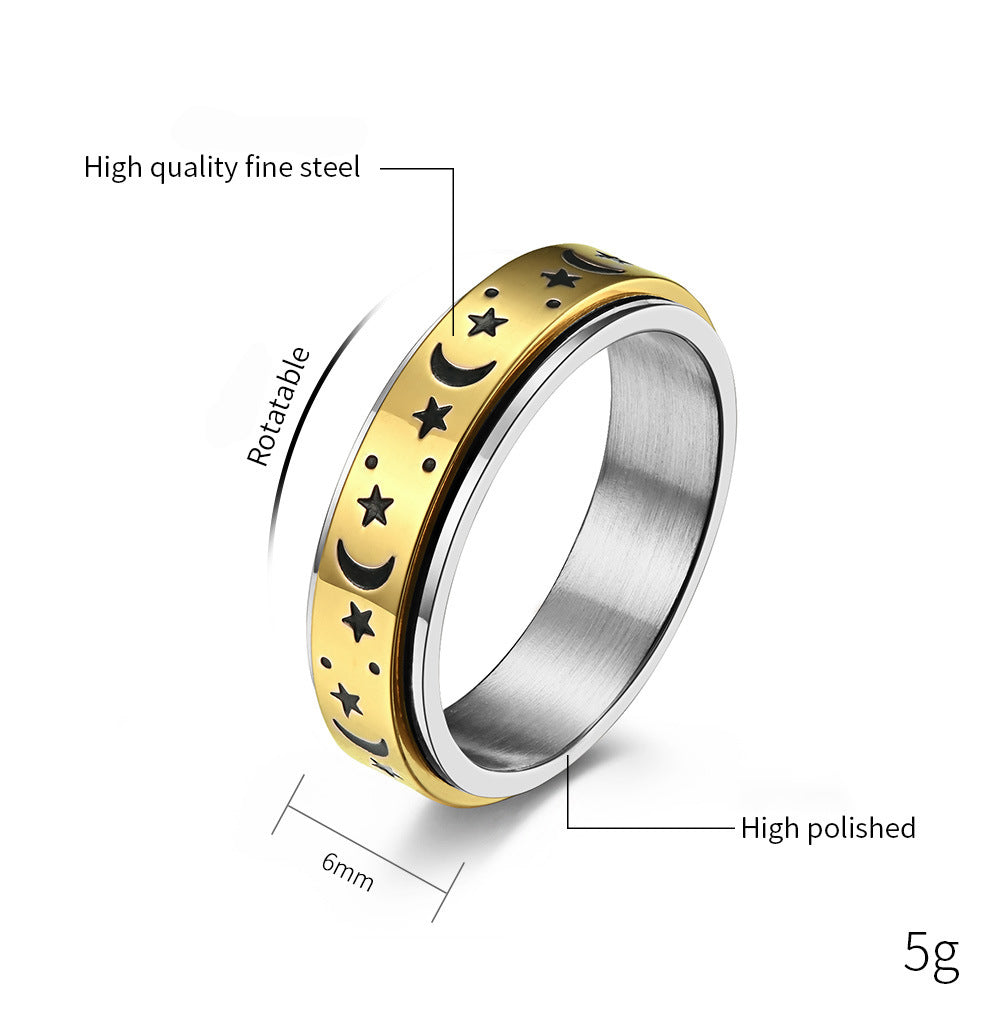 Stern-Mond Titanring mit Nachleuchteffekt | Drehbarer Anti-Stress-Ring - 316L Edelstahl für Damen & Herren