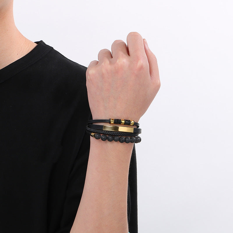 Vintage Lederarmband für Herren mit Vulkanstein & Magnetplatte – Mehrlagige Mikrofaser-Flechtung