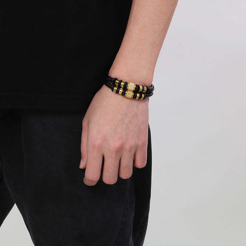 Mehrlagiges Ledergeflecht-Armband aus Edelstahl – Retro-Punk-Design mit Magnetverschluss